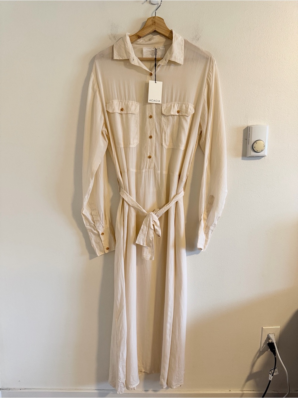Acacia Georgia Long Sleeve Maxi Shirt Dress Women's Medium Bone NWT